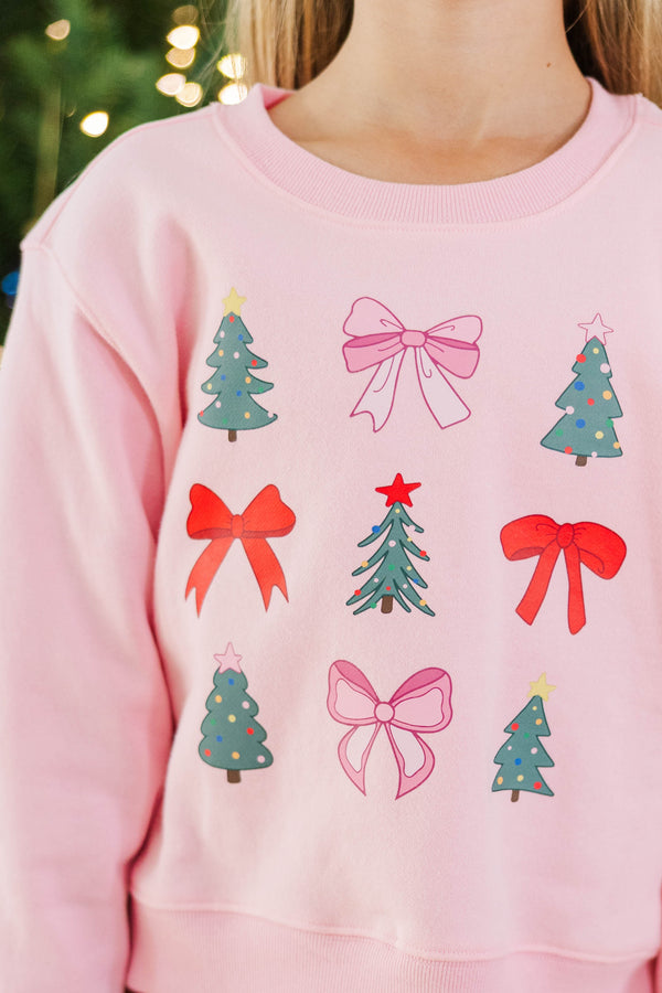Girls: Grid Bows & Christmas Trees Blush Sweatshirt