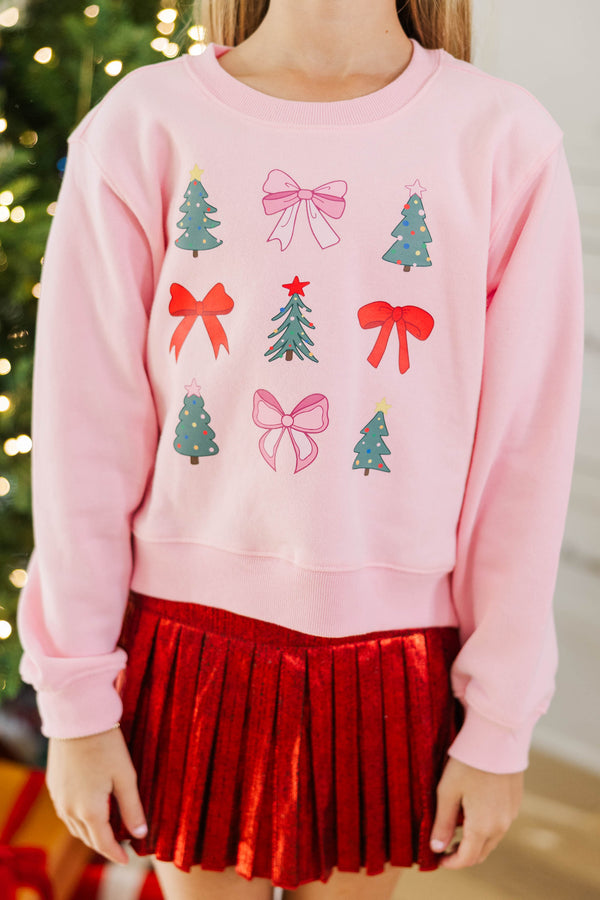 Girls: Grid Bows & Christmas Trees Blush Sweatshirt