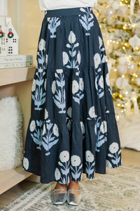 Silver Bells Navy Blue Medallion Midi Skirt