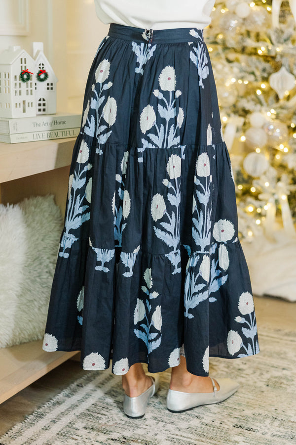 Silver Bells Navy Blue Medallion Midi Skirt