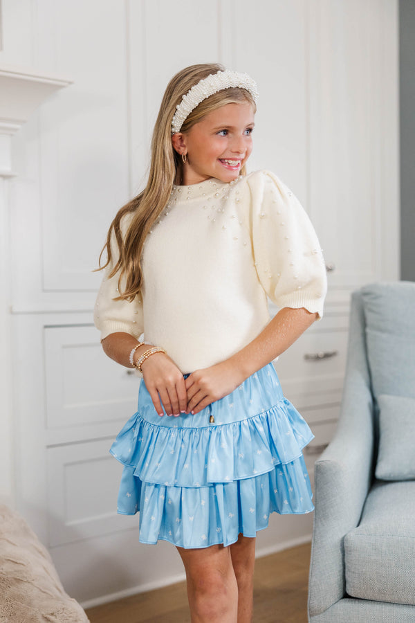 Girls: Silver Bells Light Blue Bow Print Skort