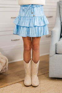 Girls: Silver Bells Light Blue Bow Print Skort