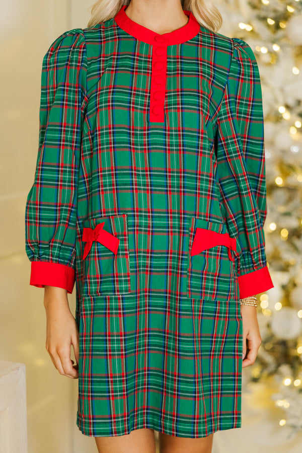 Home For The Holidays Emerald Tartan Plaid Shift Dress