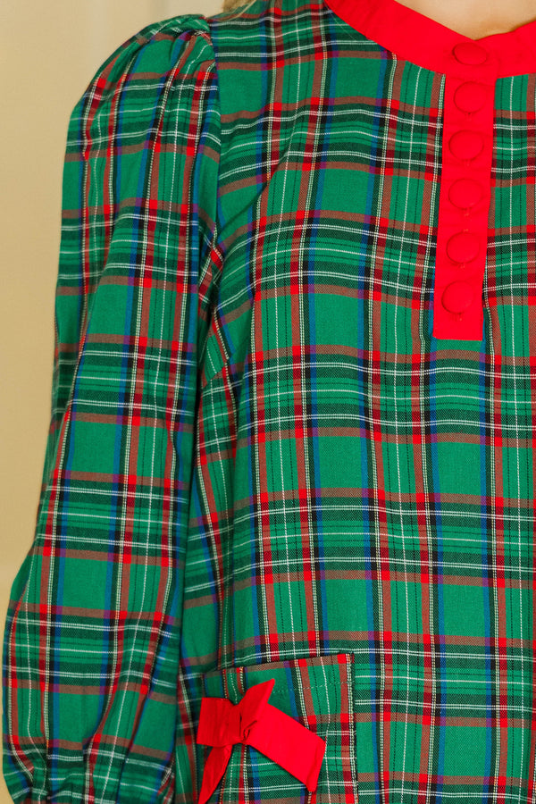 Home For The Holidays Emerald Tartan Plaid Shift Dress