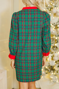 Home For The Holidays Emerald Tartan Plaid Shift Dress