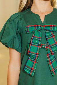 Girls: Home For The Holidays Emerald Tartan Plaid Bow Shift Dress