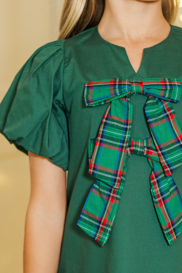 Girls: Home For The Holidays Emerald Tartan Plaid Bow Shift Dress