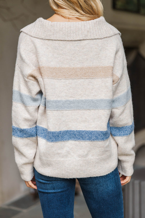 Time Is Valuable Oatmeal Striped Sweater
