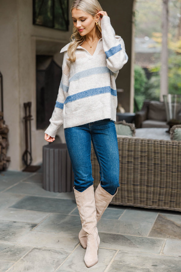 Time Is Valuable Oatmeal Striped Sweater