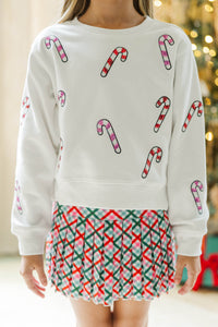 Girls: The Josie White Sequin Candy Canes Sweatshirt
