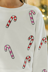 Girls: The Josie White Sequin Candy Canes Sweatshirt