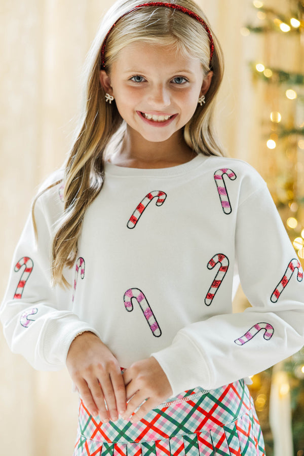 Girls: The Josie White Sequin Candy Canes Sweatshirt