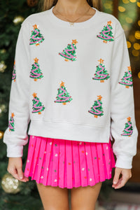 Girls: The Josie White Sequin Christmas Trees Sweatshirt