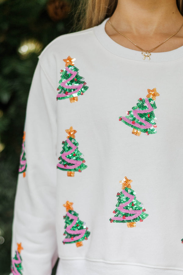 Girls: The Josie White Sequin Christmas Trees Sweatshirt