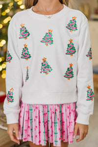 Girls: The Josie White Sequin Christmas Trees Sweatshirt