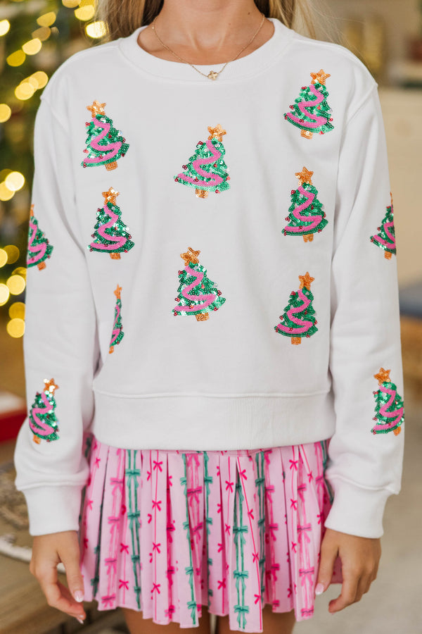 Girls: The Josie White Sequin Christmas Trees Sweatshirt