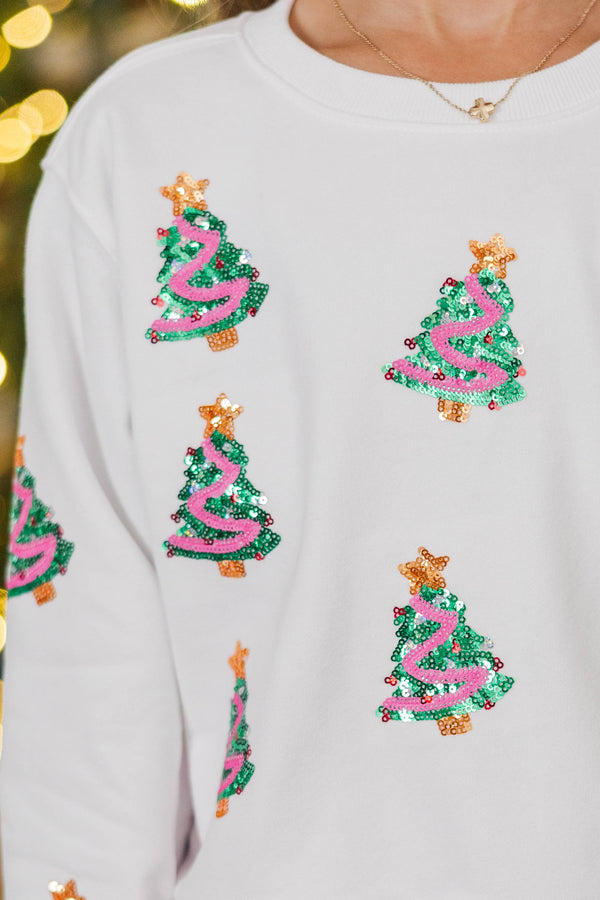 Girls: The Josie White Sequin Christmas Trees Sweatshirt