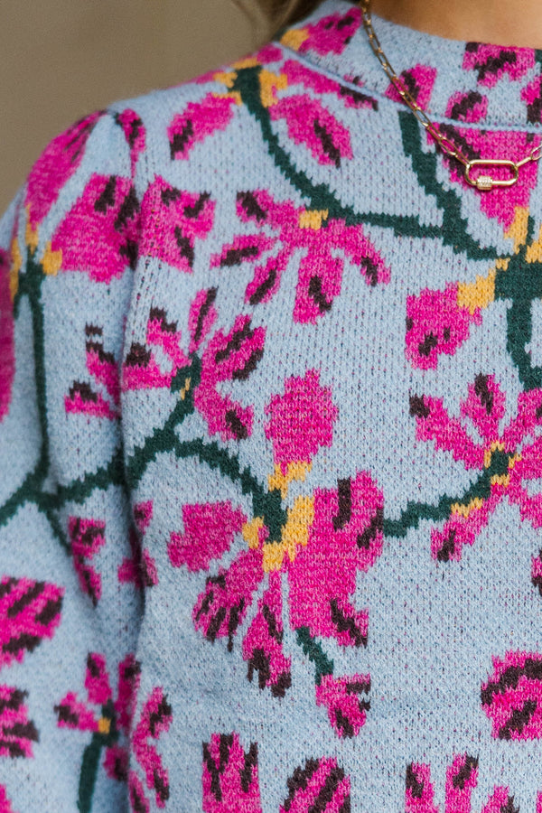 Weekend Ready Blue Floral Sweater