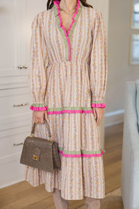 Everywhere Together Taupe Ditsy Floral Midi Dress