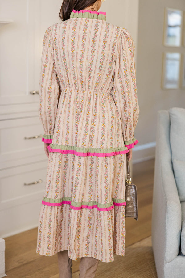 Everywhere Together Taupe Ditsy Floral Midi Dress