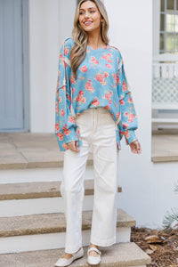 Sweet Perfection Blue Large Floral Sweater