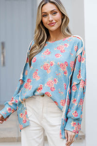 Sweet Perfection Blue Large Floral Sweater