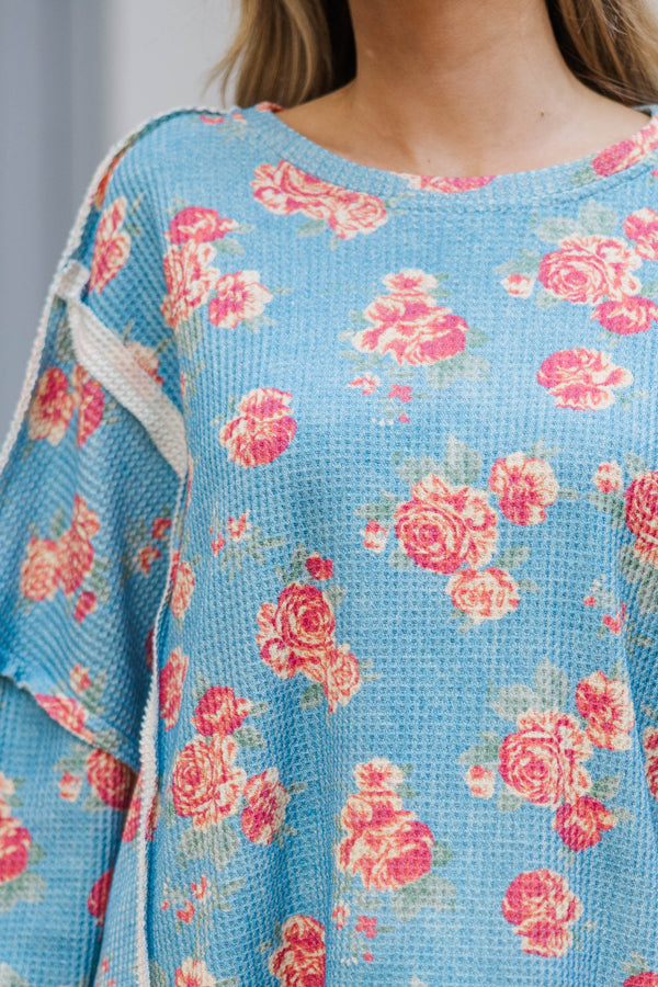 Sweet Perfection Blue Large Floral Sweater
