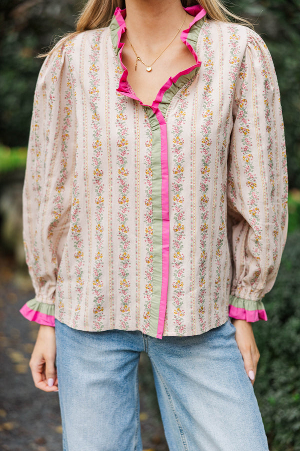 The Sweet Magnolia Taupe Ditsy Floral Blouse
