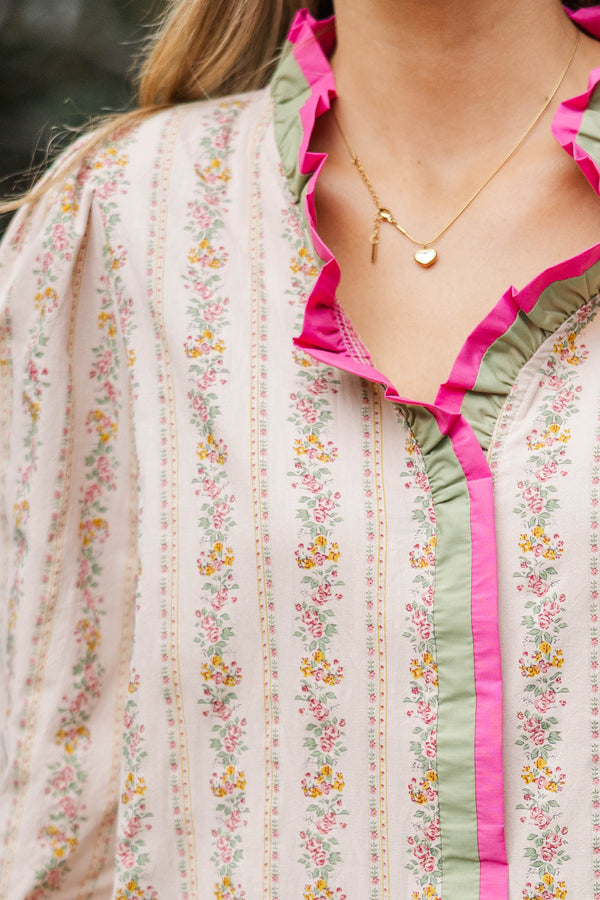 The Sweet Magnolia Taupe Ditsy Floral Blouse