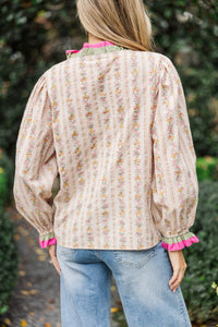 The Sweet Magnolia Taupe Ditsy Floral Blouse