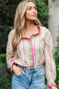 The Sweet Magnolia Taupe Ditsy Floral Blouse