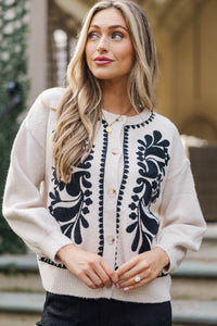 Simple Moments Oatmeal Brown Floral Cardigan