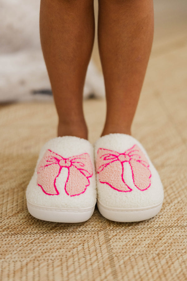 Girls: Pretty In Plush Pink Bow Slippers