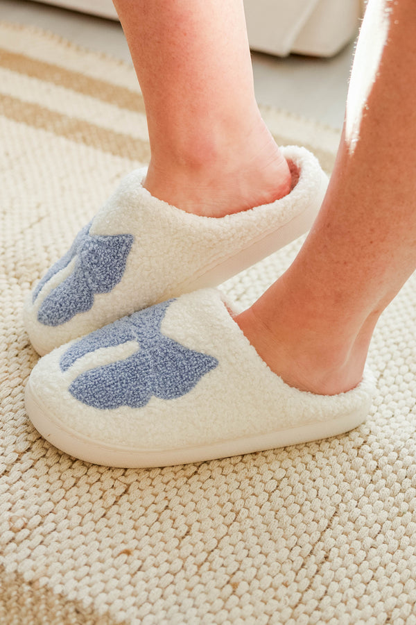 Girls: Pretty In Plush Blue Bow Slippers