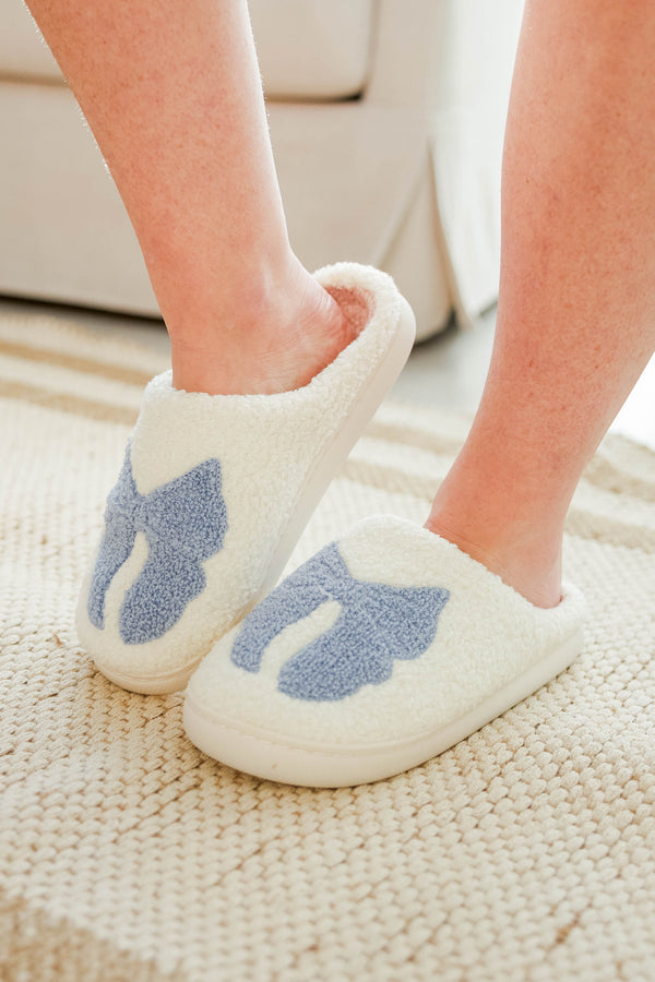 Girls: Pretty In Plush Blue Bow Slippers
