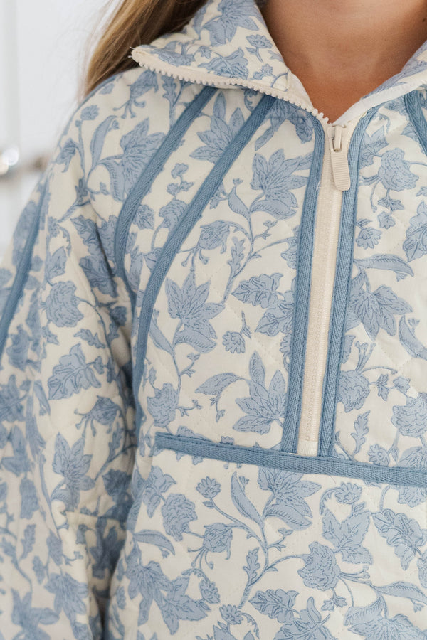 Girls: Always Direct Light Blue Toile Quilted Pullover