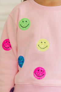 Girls: The Josie Blush Pink Sequin Smiley Face Sweatshirt