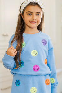 Girls: The Josie Light Blue Sequin Smiley Face Sweatshirt
