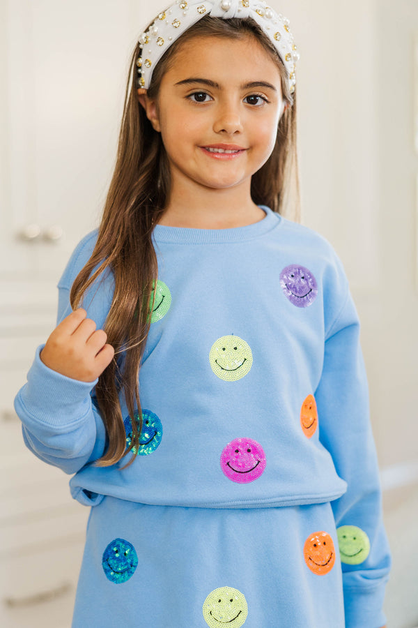 Girls: The Josie Light Blue Sequin Smiley Face Sweatshirt