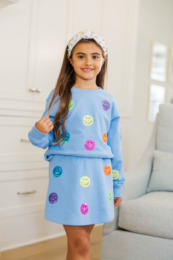 Girls: The Josie Light Blue Sequin Smiley Face Sweatshirt