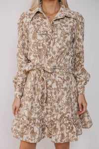 When You Arrive Taupe Floral Corduroy Dress