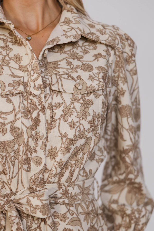 When You Arrive Taupe Floral Corduroy Dress