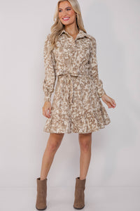 When You Arrive Taupe Floral Corduroy Dress