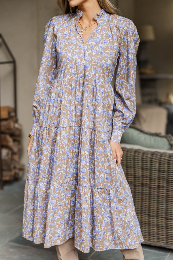 Speaking Up Brown Floral Midi Dress