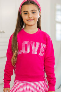 Girls: With The Cutest Fuchsia Gingham Love Patchwork Sweatshirt
