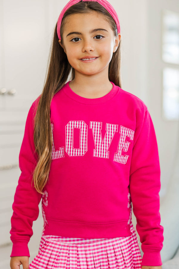 Girls: With The Cutest Fuchsia Gingham Love Patchwork Sweatshirt