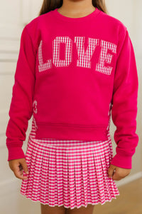 Girls: With The Cutest Fuchsia Gingham Love Patchwork Sweatshirt