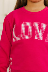 Girls: With The Cutest Fuchsia Gingham Love Patchwork Sweatshirt