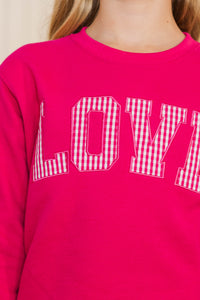 Girls: With The Cutest Fuchsia Gingham Love Patchwork Sweatshirt