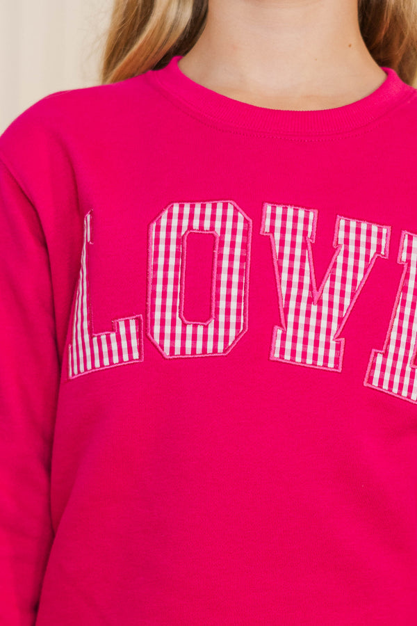 Girls: With The Cutest Fuchsia Gingham Love Patchwork Sweatshirt